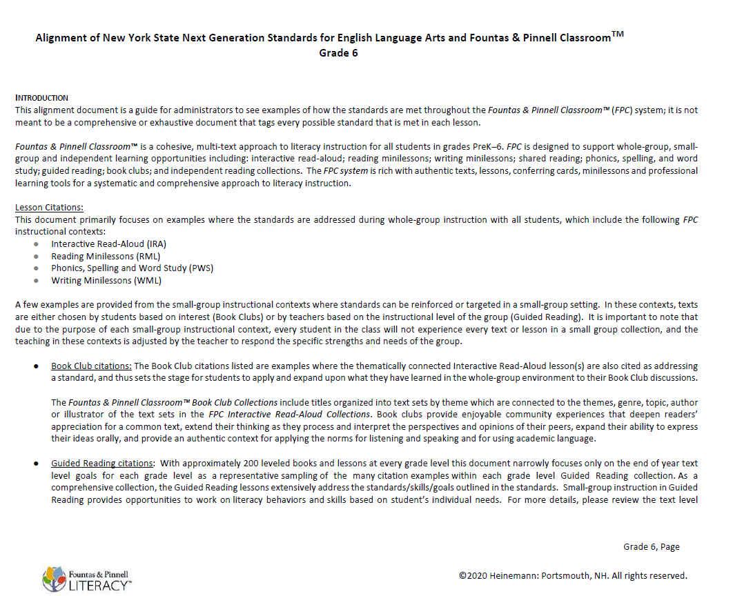 Alignment of New York State Next Generation Standards for English Language Arts and Fountas & Pinnell Classroom™, Grade 6